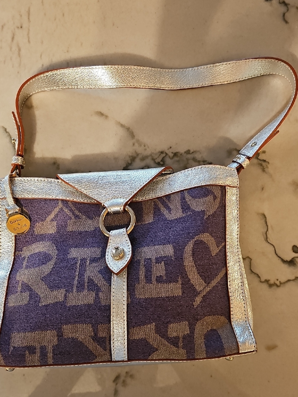 Dooney and Bourke Purple Logo Jacquard Shoulder Bag with Silver Trim
